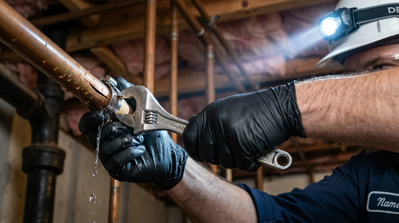 Emergency pipe clamp repair being performed by a Johns Plumbing LLC plumber in Oconto