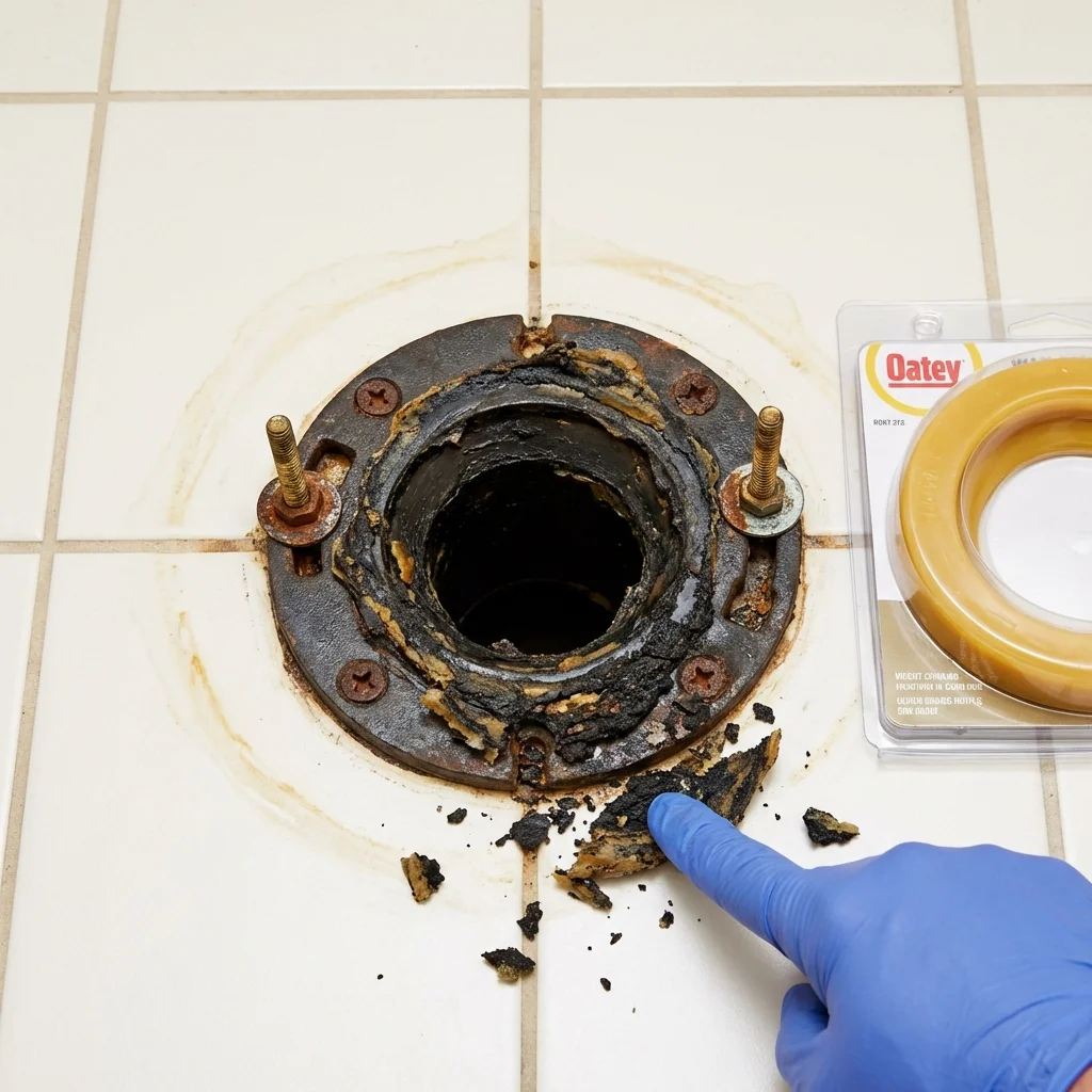 Failed wax ring showing water seepage at the base of a toilet in a Oconto, WI home